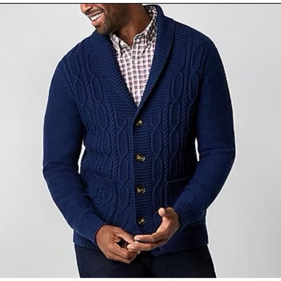 St Johns Bay Size XXL Blue Cable Knit Wool Blend Shawl Mens Cardigan Sweater - Picture 5 of 9